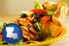 louisiana map icon and a Mexican restaurant salad
