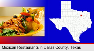 a Mexican restaurant salad; Dallas County highlighted in red on a map