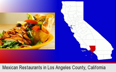 a Mexican restaurant salad; Los Angeles County highlighted in red on a map