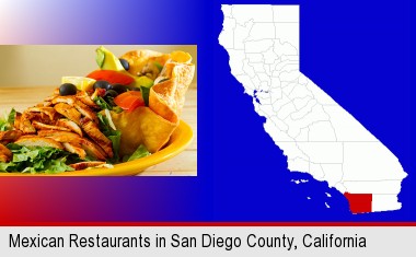 a Mexican restaurant salad; San Diego County highlighted in red on a map